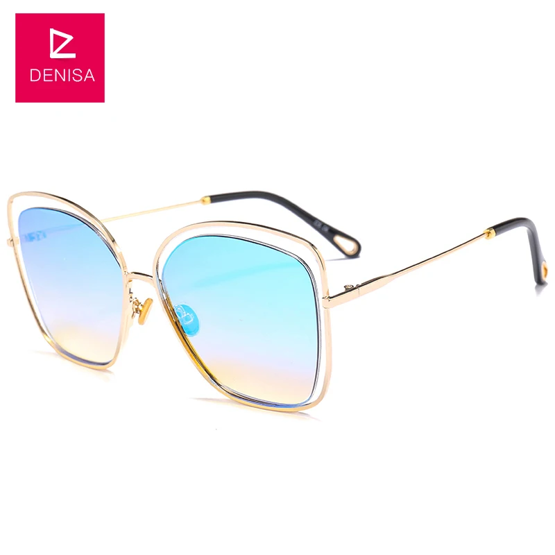 Gold Blue DENISA выдолбленные солнцезащитные очки кошачий глаз женские сексуальные модные градиентные солнцезащитные очки для девочек UV400 lunette de soleil femme G18402 - Цвет линз: Gold Blue