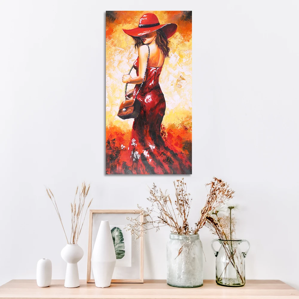 

Unframed Waterproof Hand-Painted Oil Painting Abstract Lady in Red Dress Canvas Picture Wall Art Decor for Living Room Office