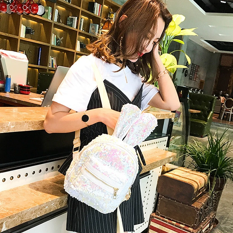 2018 Fashion New Brand Sequin Women Backpacks Casual Rabbit Ear Mini Backpack Korean Style Leather Small Lady bag Female Bolsas | Багаж и