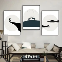 chinese style black and white elk silhouette mountain river deer animals canvas painting home room decoration art poster print