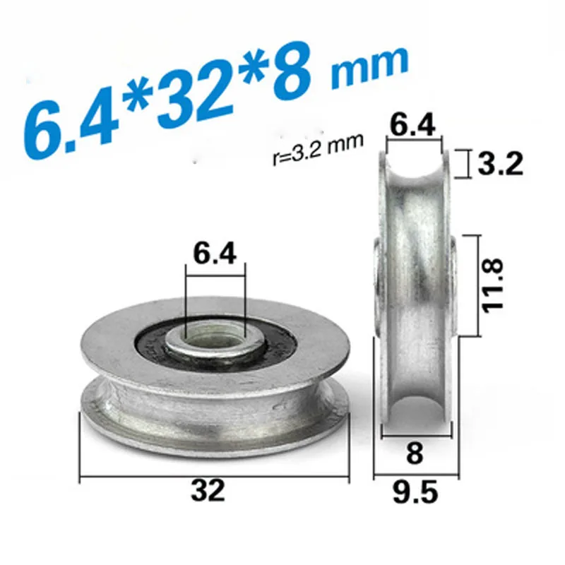 10pcs Grooved bearing U concave wheel 6mm wire rope guide wheel suspension wheel support pulley cross line fixed pulley 6.4*32*8