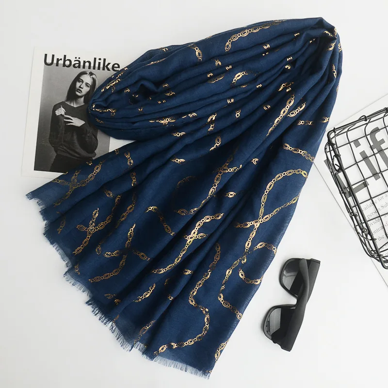 2018 Fashion Chain Pattern Gold Foil Fringe Scarf Women Cotton Voile Shawls Wrap Hjiab Muffler 7 Color Free Shipping |