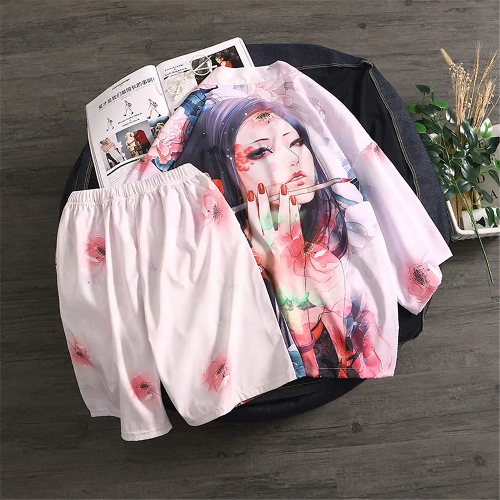 

Fashion men's suit summer cotton and linen short-sleeved printed hot spring clothes pajamas home service suit Y617