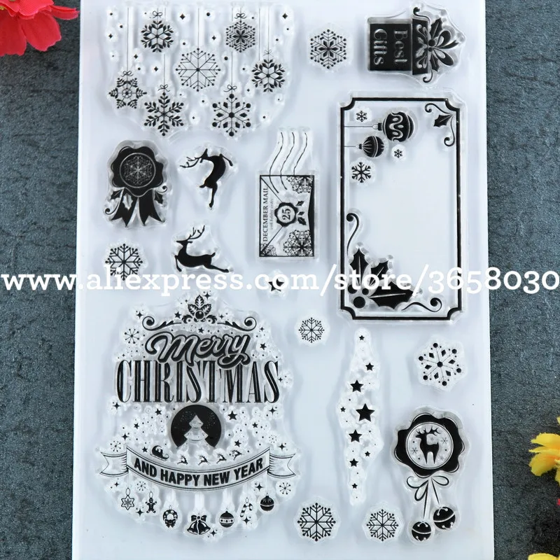 MERRY CHRISTMAS Snowflake Deer Giftbox Scrapbook DIY photo cards rubber stamp clear transparent 11x15.5cm 8112622 | Дом и сад