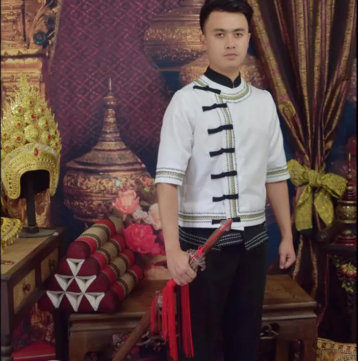 Китайская традиционная мужская одежда YunNan Dai белая и черная для фестиваля с