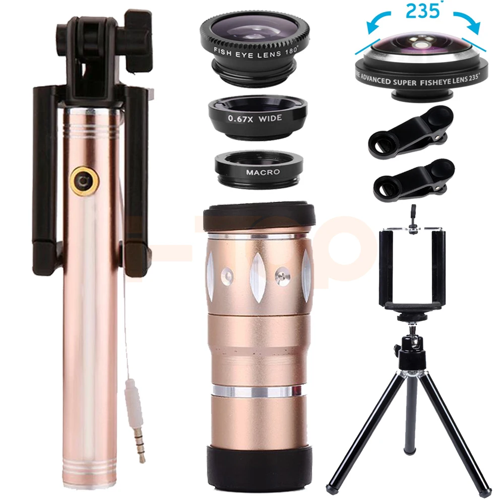 2017 10X Telephoto Zoom Lens Telescope Wide Angle Macro 235 degrees Fisheye Lentes Selfie Stick For Smartphone Phone lenses Kit |