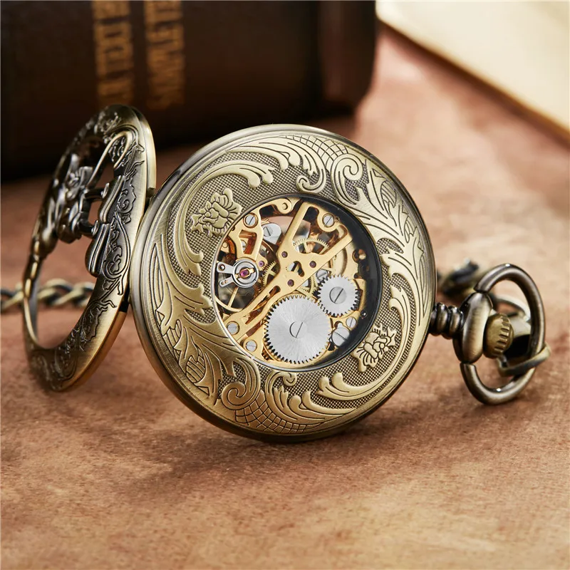 Unique Cartoon Mouse Bronze Roman Dial Mehanical Pocket Watch FOB Chain Hand Wind Mechanical Mens Womens Watches with Chain