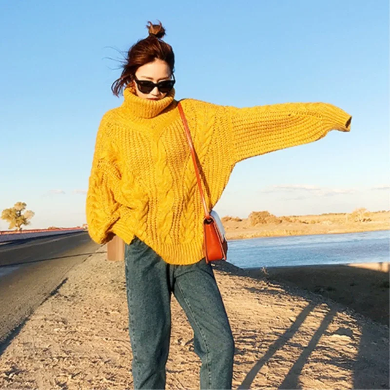 Winter High neck Women's Sweater Jersey Woman Mohair Knitted Twisted Thick Warm Lady's Pullover College Jumper Women Yellow Gray |