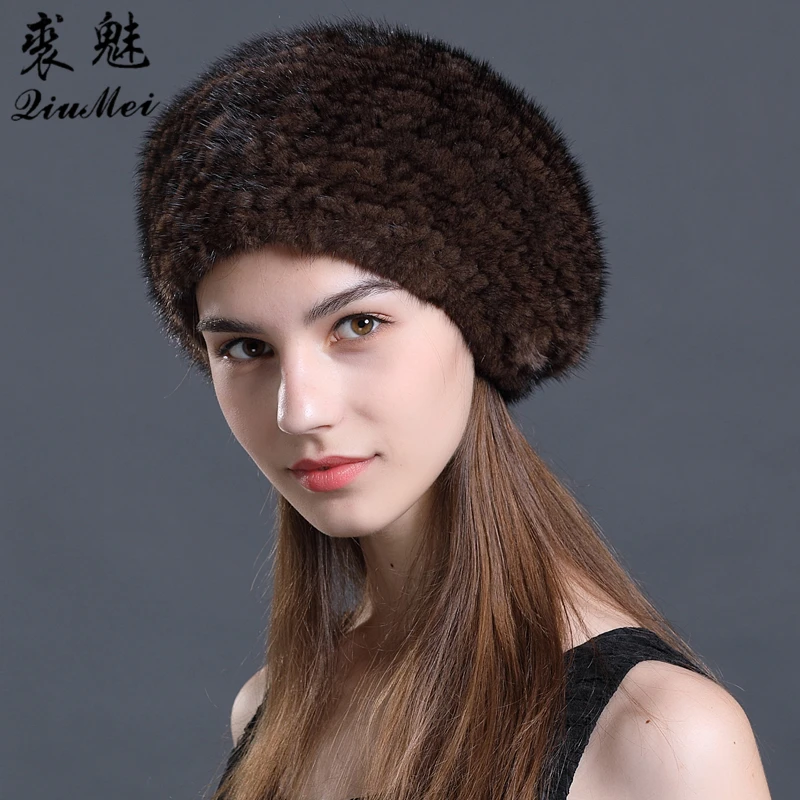 

Women Beret Real Fur Hat For Winter Female Knitted Natural Mink Hats Beret Ladies Bonnet 2018 Brand New Solid Women's Hats Caps