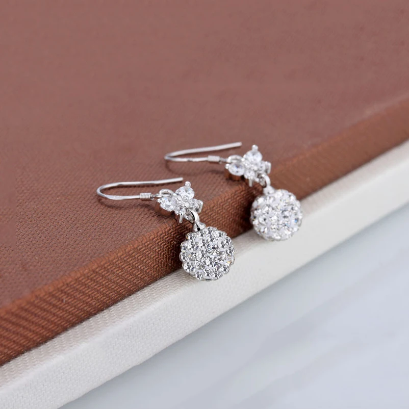 

Silver plated Drop Earrings Butterfly Super Flash Shambhala Full crystal Ball Tassel Earrings Fashion Jewelry Long For Women