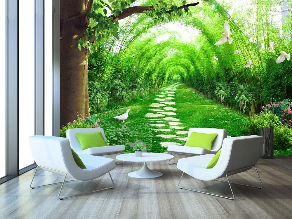 

[Self-Adhesive] 3D Pigeon Green Bamboo Forest Stone Road 33 Wall Paper mural Wall Print Decal Wall Murals