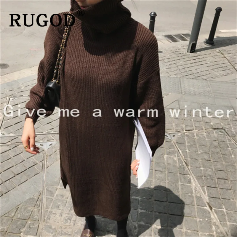 RUGOD длинный прямой вязаный свитер с круглым вырезом, женское платье зимние Утепленные размера плюс Женский пуловер, свитер в Корейском стиле шик с высоким, плотно облегающим шею воротником; платья