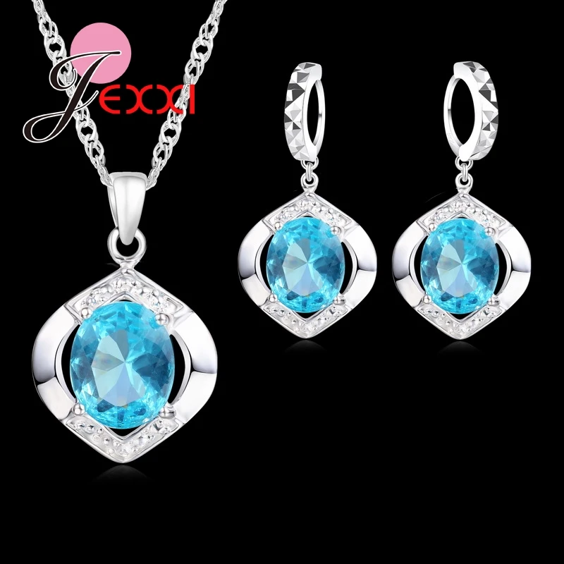 

Classic 100% 925 Sterling Silver Top Grade AAA++ CZ Zircon Wedding Engagment Necklace+Earring Blue Jewelry Sets