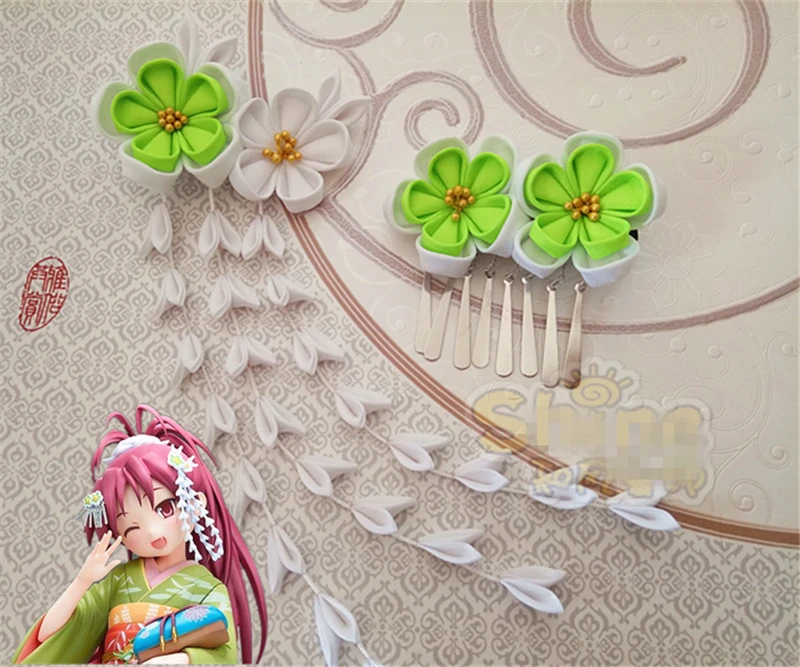 Заколка для волос ручной работы зажим в японском стиле косплея зеленый веер