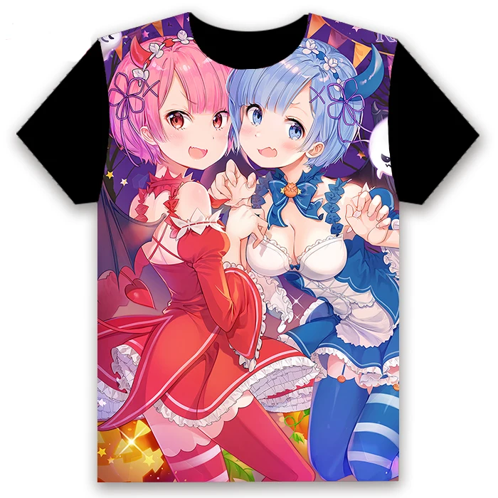 Fashion Men's T-shirt Anime Re:Zero kara Hajimeru Isekai Seikatsu Rem Ram Short Sleeve Student Casual Black Tee Tops Customize | Мужская