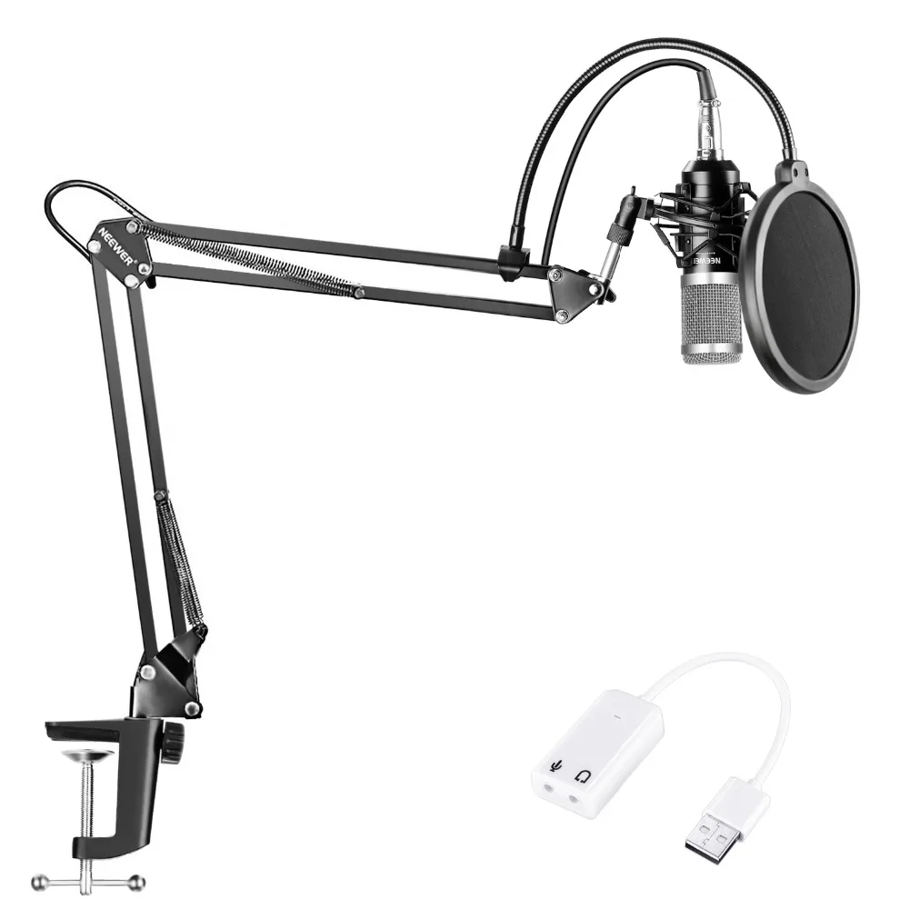Neewer NW-800 конденсаторный микрофон(черный/серебристый) комплект с USB адаптер звуковой карты+ регулируемая подвеска ножничный держатель