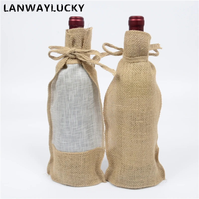 

100pcs Hessian Wine Bottle Bags With Slubby Yarn Window Jute Wine Covers Gift Bag Drawstring Pouch Christmas Champagne Bean Sack