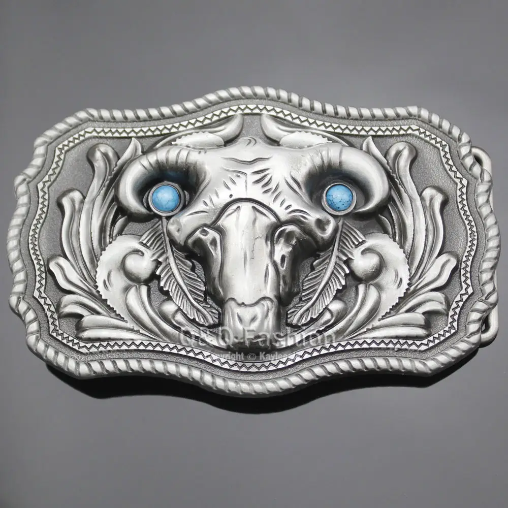 

Western Vintage Silver Plated Baphomet Ram Skull Horn Sheep Turquoise Feather Belt Buckle Exchange Jewelry New Dropshipping
