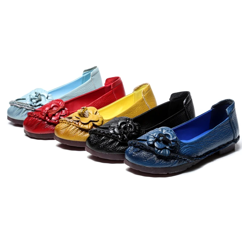 

GKTINOO Handmade Genuine Leather Women Flats Shoes Casual Female Loafers Vintage flowers Shallow Slip On Flat Shoes Woman