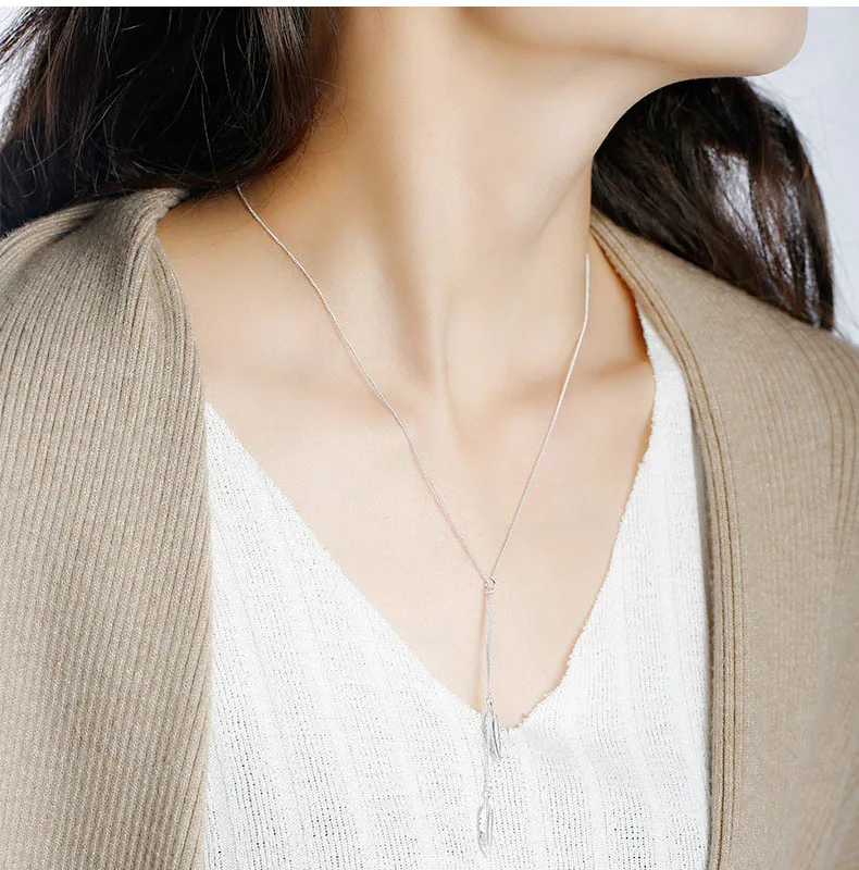 SA SILVERAGE Fine Jewelry Silver Wedding Pendants For Women Feather Tassel Pendant Necklace Real 925 Sterling Silver Necklaces