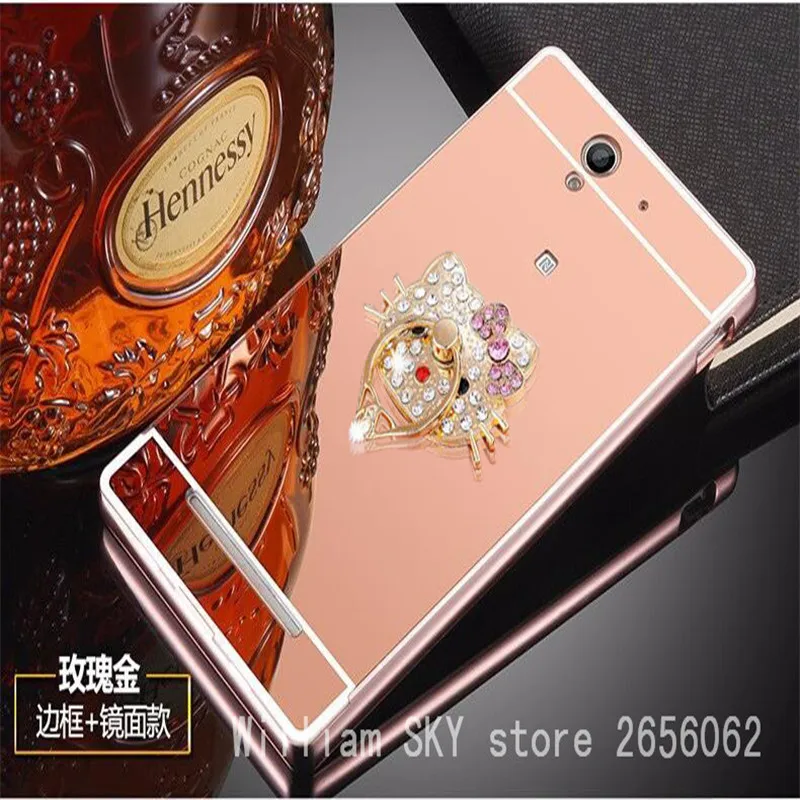 Для Sony Xperia C3 S55T S55U D2533 Случае Зеркало Алюминиевая Рама + Акриловые с Алмазной Кошка