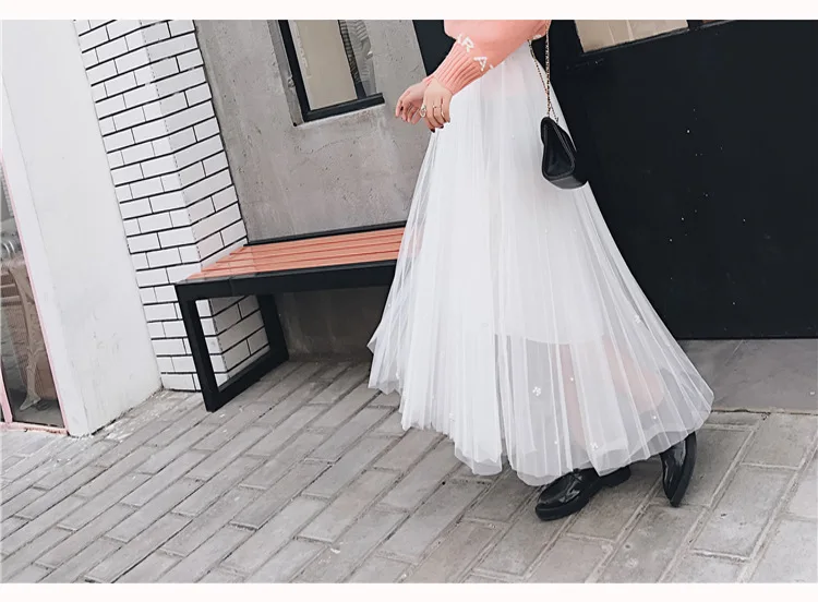 Faldas Mujer Moda корейский Бисер плиссированная юбка Высокая Талия Длинные юбки, женские Юпи Тюль Femme, Spodnica plisowana