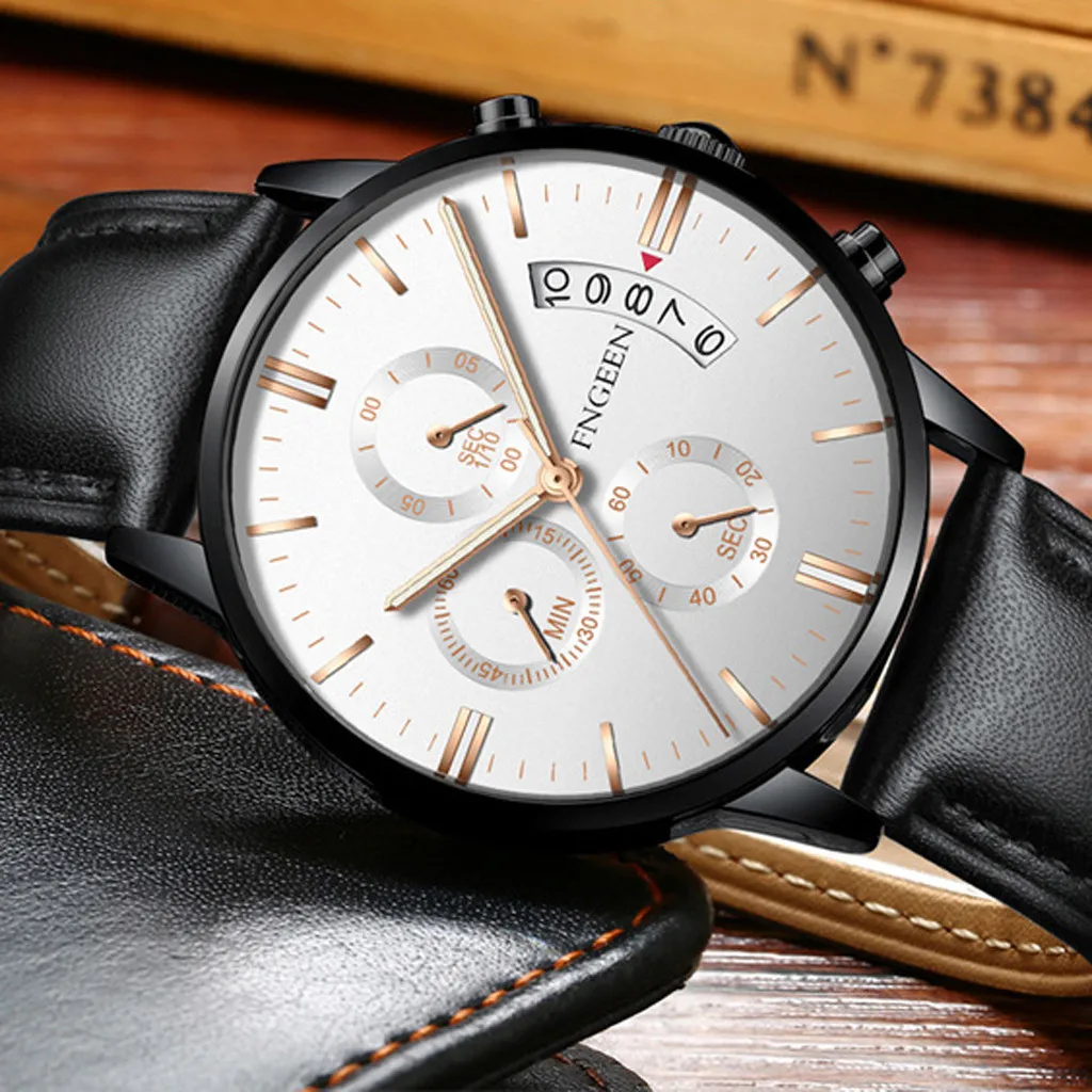 FNGEEN модные роскошные мужские часы повседневные с календарем кожаный ремешок