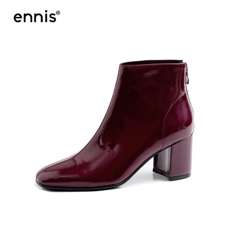 Patent Wine Red ENNIS/ г., осенние полусапожки женские ботильоны из натуральной кожи модные ботинки из лакированной кожи на не сужающемся книзу массивном каблуке обувь на молнии белого и черного цвета, A949 - Цвет: Patent Wine Red