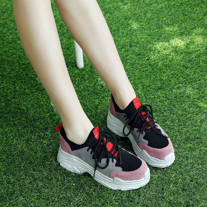 Tenis feminino/Повседневные кроссовки на платформе 2018 г. шнуровке громоздкие из флока