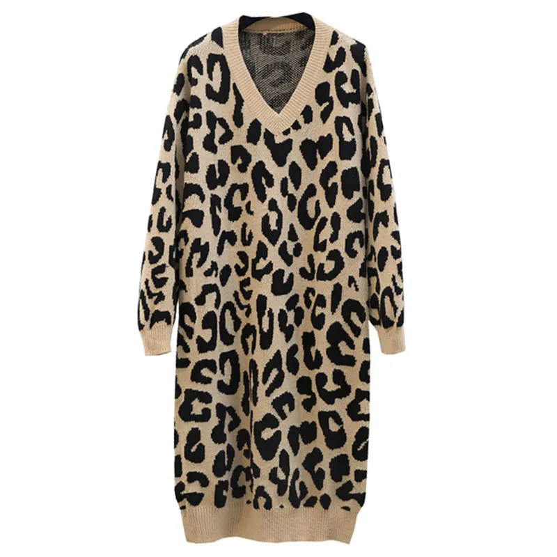 Осенне зимнее длинное вязаное женское свободное платье пуловер с рукавами