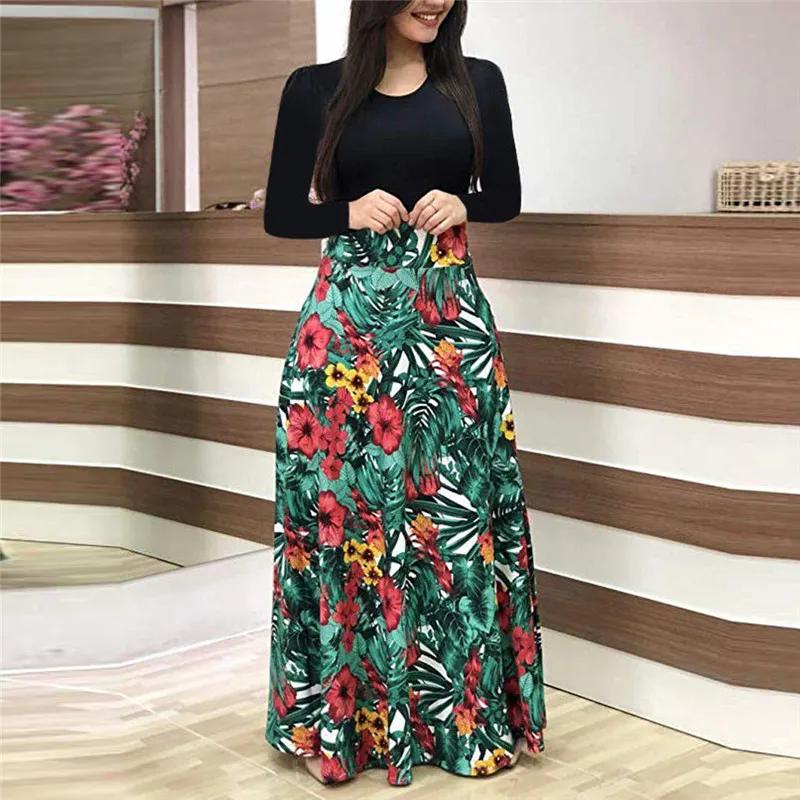 Женское платье макси с длинным рукавом круглым вырезом и цветочным