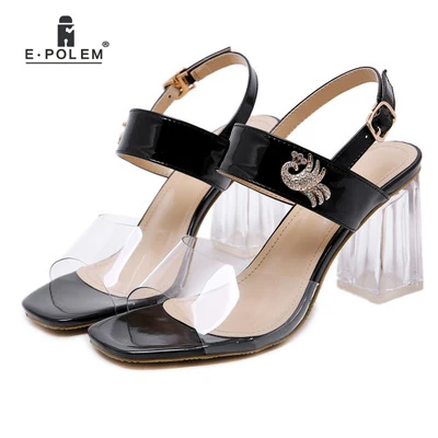 

Crystal Super High Square Heels Women's Sandals Patchwork Famale Shoes Metal Decoration Casual Patent Leather Sweet Wearing