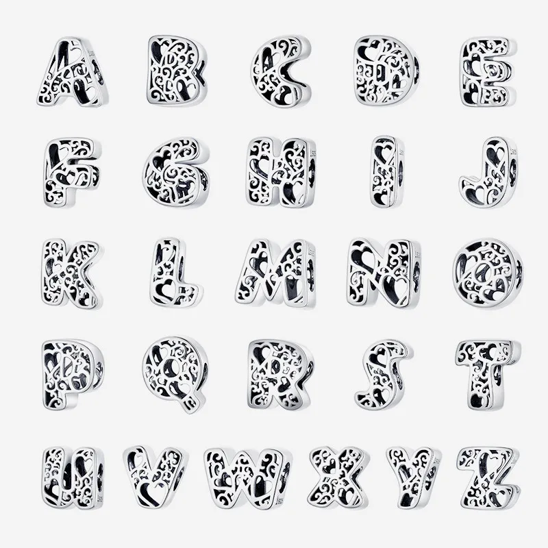 Подходит для браслетов Pandora,, 925 пробы, серебро, 26 букв, английские буквы, бусины S295, сердце, 26 букв, подвески, сделай сам