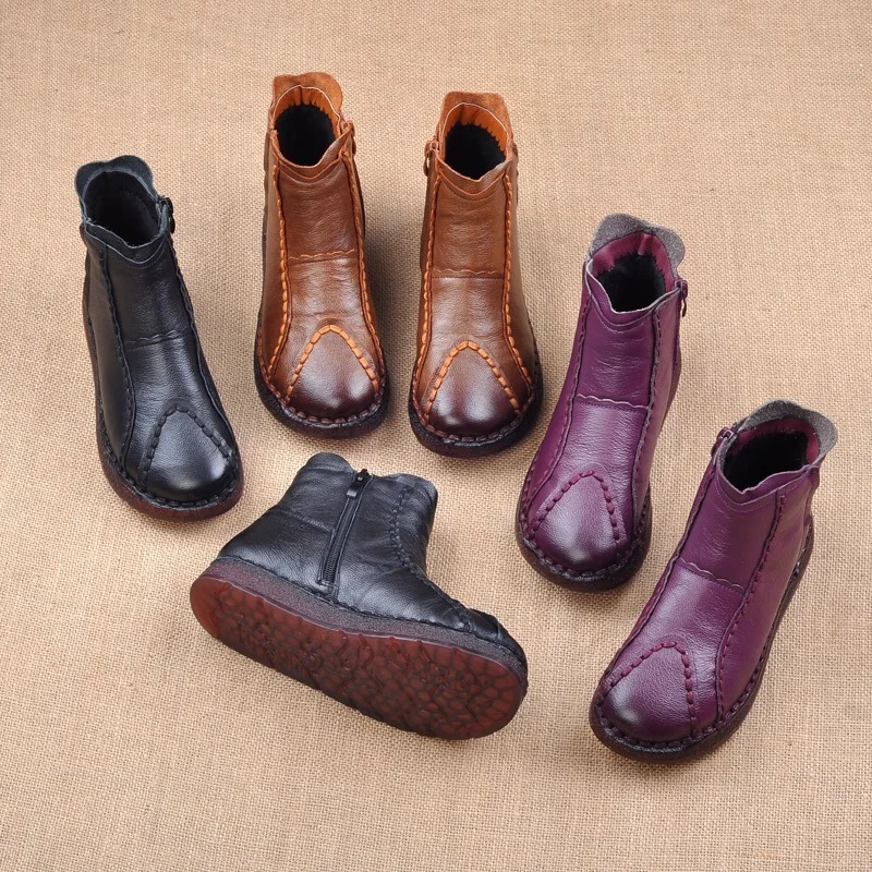 

TIMETANG Winter plus cashmere thick warm leather shoes hand-stitched mother cotton vintage folk style leather casual female boot