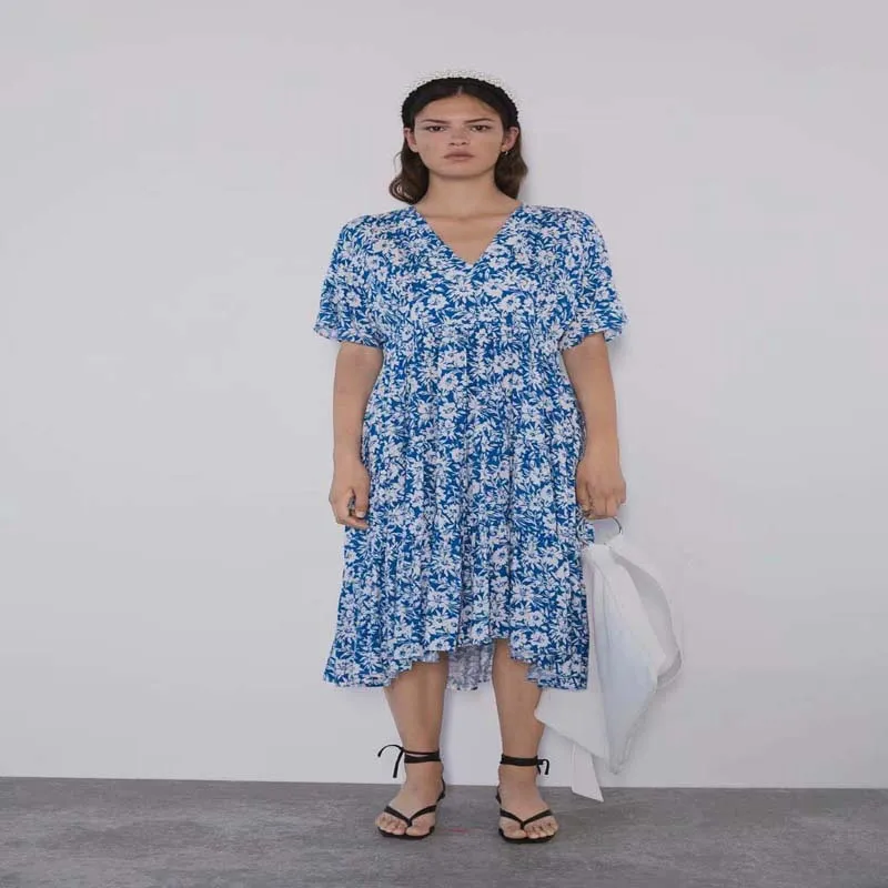 2019 лето осень Boho синий белый цветочный принт пляжное платье с v образным вырезом