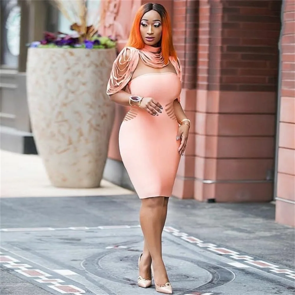 

2019 New Women Summer Bandage Dress Elegant Club Party Dress Sexy Strapless Tassel Neck Embellished Tassel Mini Fringe Dress