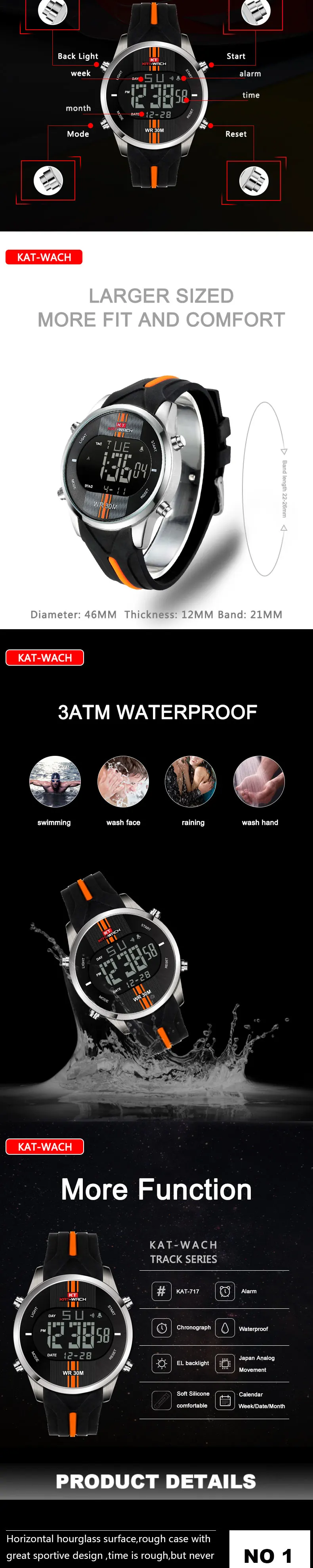 KAT-WACH, Брендовые мужские часы, водонепроницаемый светодиодный, цифровые, спортивные часы, для улицы, силиконовый ремешок, многофункциональные Мужские часы с подсветкой