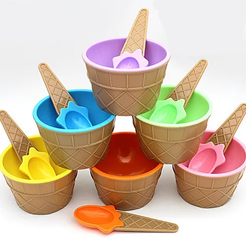 Fashion Cute Kids Candy Color Ice Cream Bowl Spoon Set Cup Dessert Container Holder With |