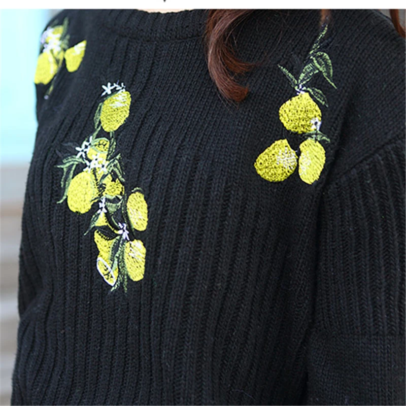 Hiqh качественные женские свитера 2017 Корейская Новая мода лимонная вышивка