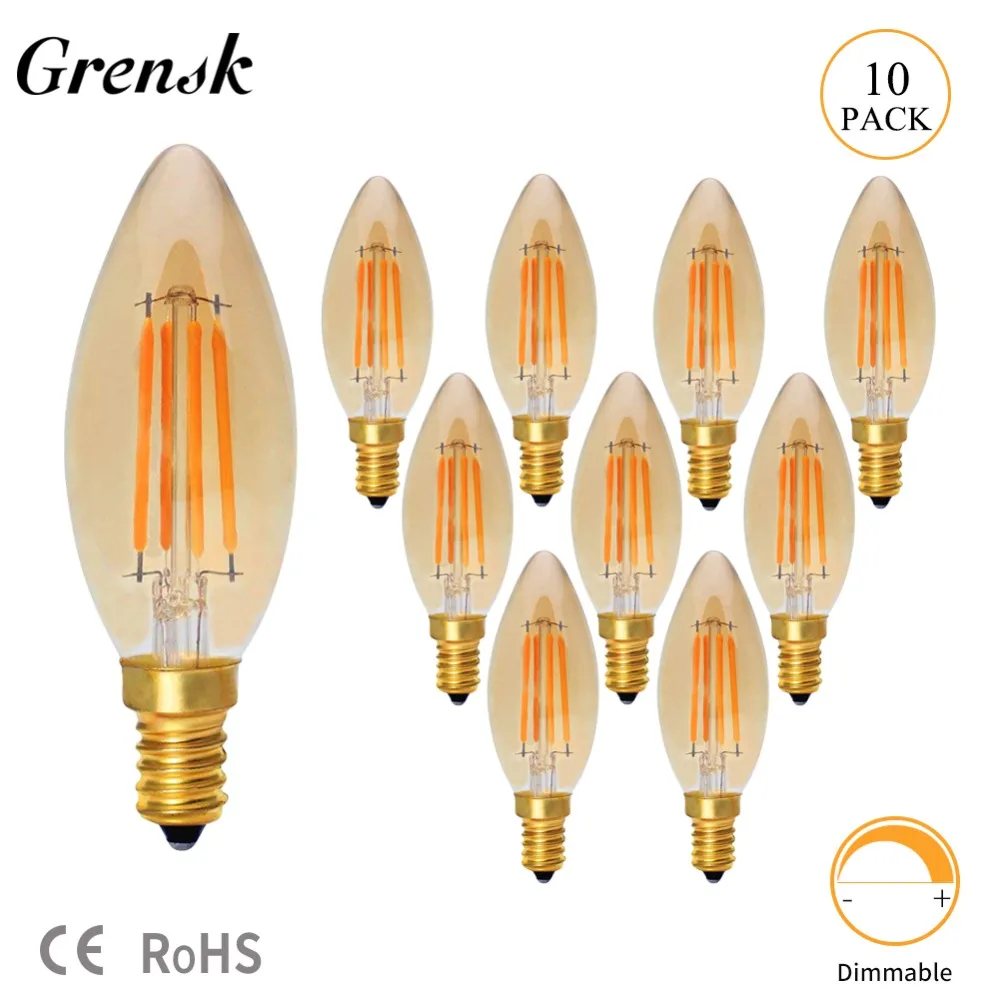 

Grensk E14 Filament 2200K C35 4W Amber Tint Candle Lamp Retro LED Filament Light Bulbs E12 Dimmable Decorative Lighting for Home