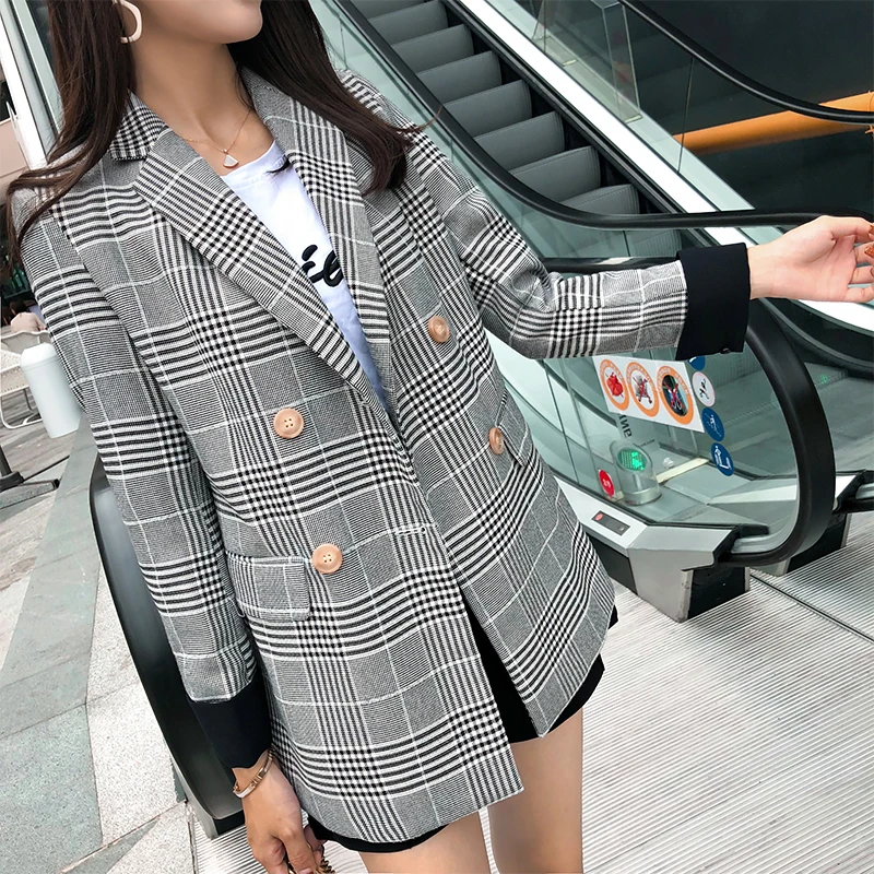 Клетчатая офисная куртка высокого качества модный серый Женский Длинный блейзер