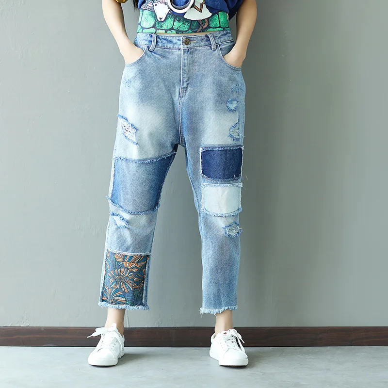 ripped jeans for women personality patchwork denim trousers harem pants plus size loose printed cotton washed retro streetwear |