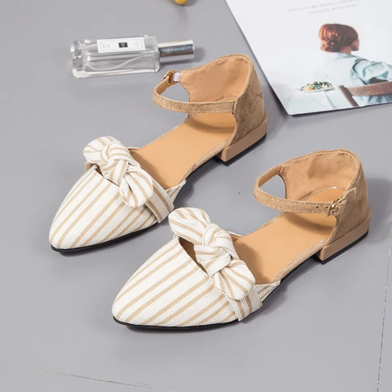 2019 Модные женские босоножки на плоской подошве с острым носком в полоску