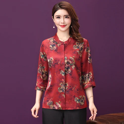 

2021 Summer New Elegant Vintage Half Sleeve Round Collar Exquisite Printed Large Size Woman T-shirt Noble Slim Female Silk Top