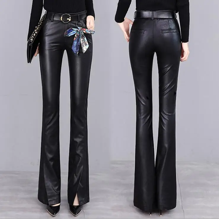 Новинка женские кожаные брюки из ПУ кожи с разрезом 2020 высокой талией в Корейском