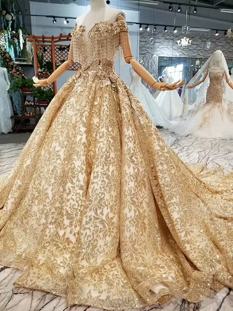 LS65885 Роскошные Дубай вечернее платье с открытыми плечами Милая Золотой кружево