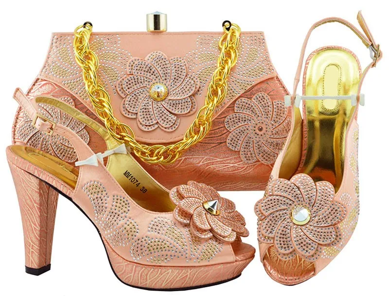 

Most popular peach women pumps with big crystal flower design for dress african shoes match handbag set MM1074
