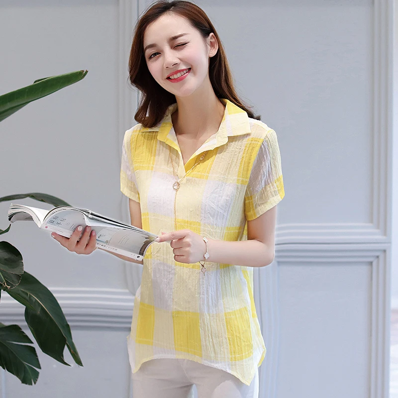 Новый Лето 2018 г. Повседневное корейский плед короткий рукав шифон женские