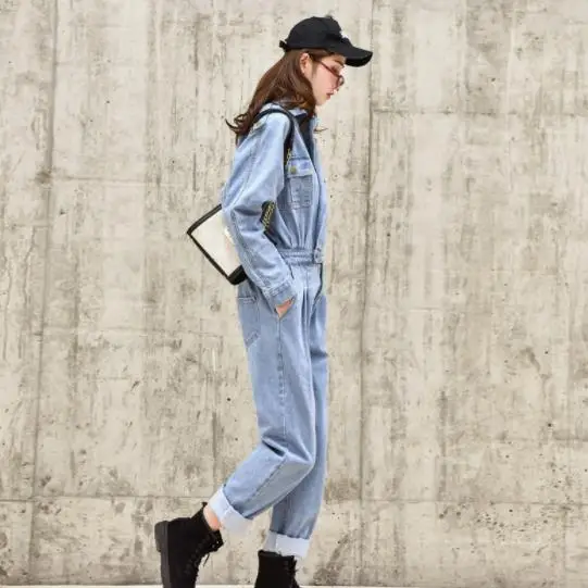 Женский джинсовый комбинезон с длинным рукавом завышенной талией | Женская