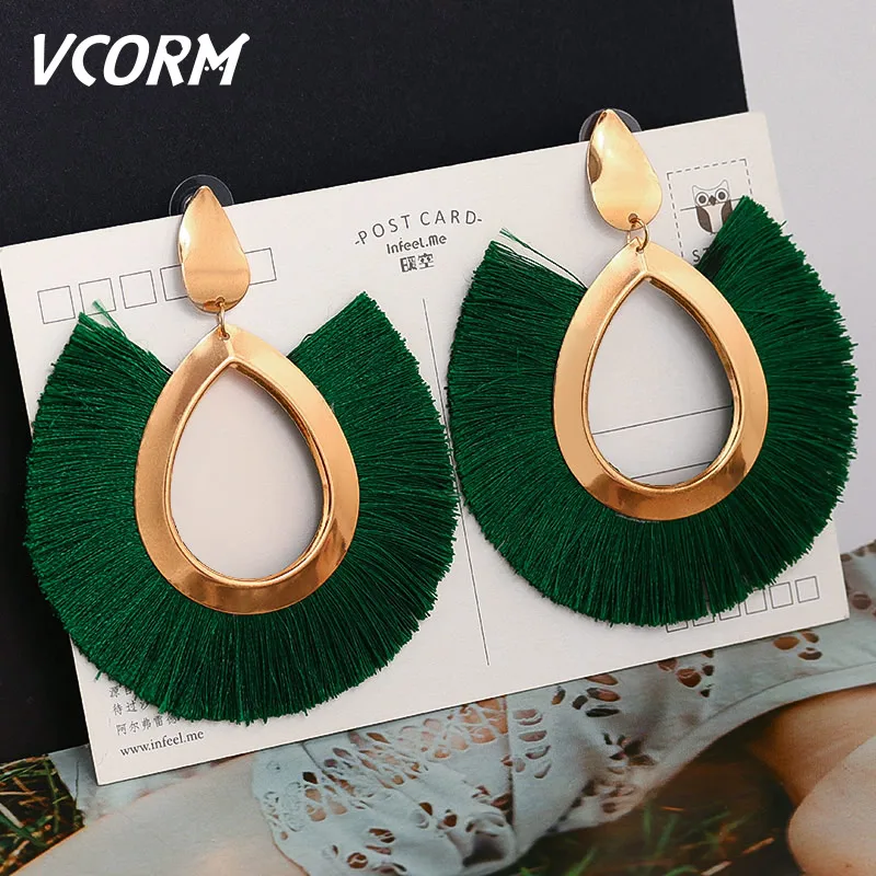 Green VCORM богемные большие висячие серьги с кисточками для женщин модные ювелирные серьги Роскошные серьги с бахромой из хлопка и шелка - Окраска металла: Green